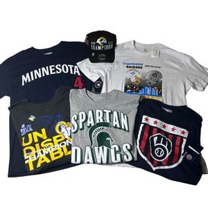 NEW Mens Sports T-Shirts Hat Bundle‎ Size L Rams Raiders Chargers Spartans Twins